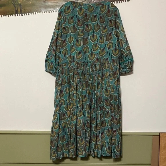 Sundance Feather Print Teal Dress, Tiered, with Pockets, lined XL - Picture 7 of 10